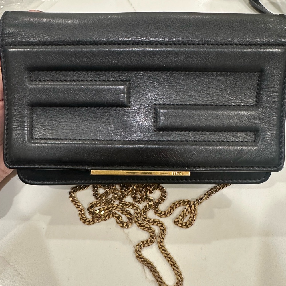 Fendi Black Clutch with Gold Chain Accent